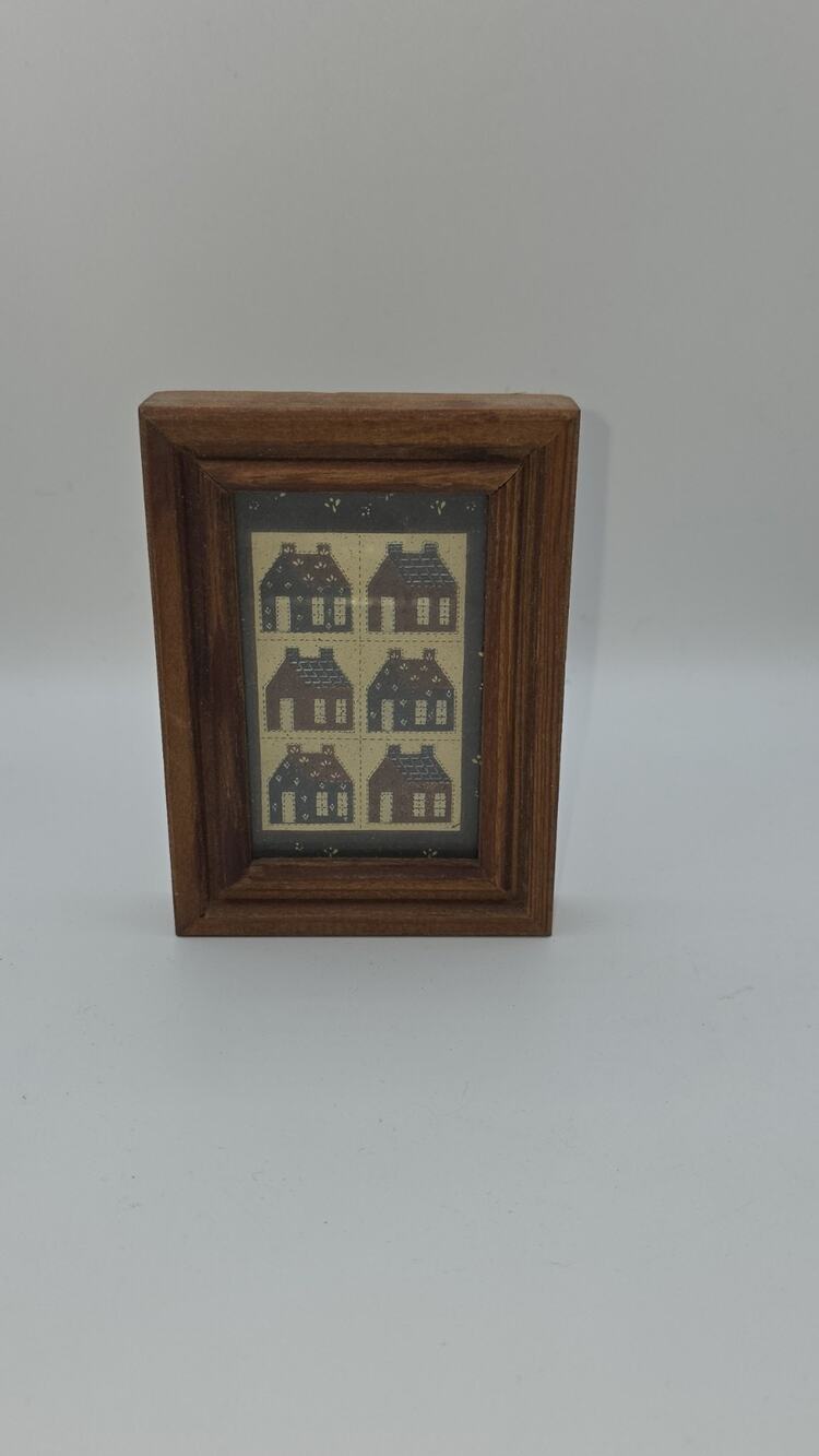 Vintage Primitive Folk Art House Print Framed Country Farmhouse Wall Decor